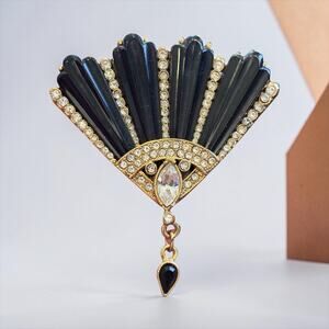 Art Deco Fan Brooch 1928 Jewelry Black Enamel Rhinestone Dangle Pin